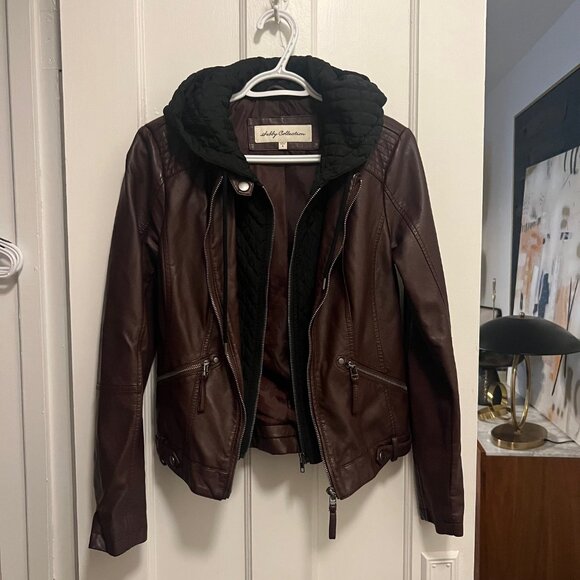 Sebby brown faux leather biker jacket w/black quilted hood/vest size s - Picture 8 of 12